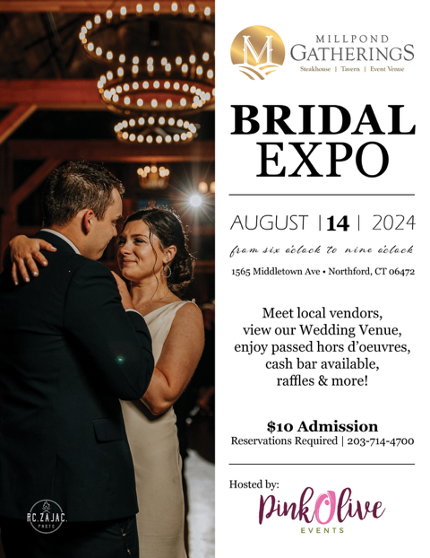 a flyer for pink olive's August 14th bridal expo in northford connecticut
